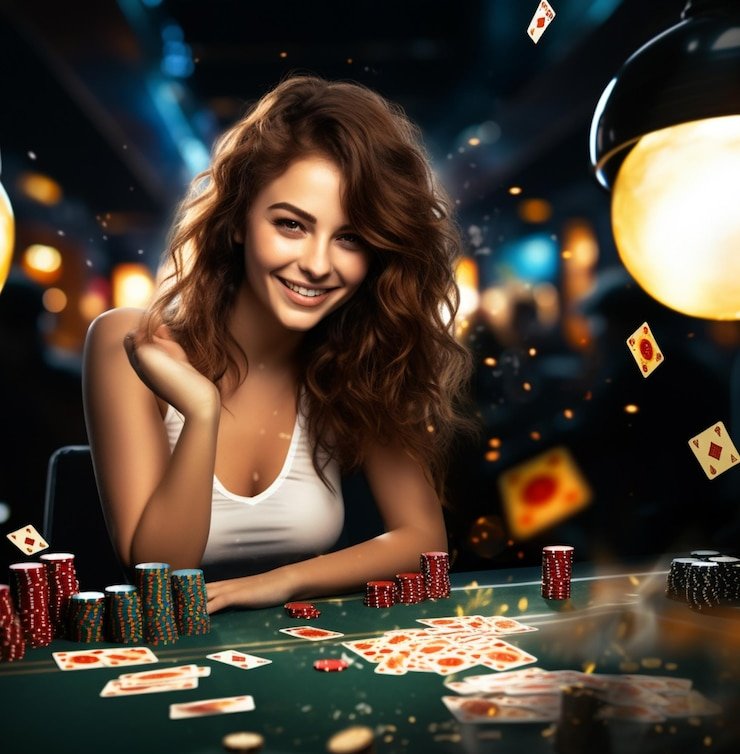 Dealer casino live profesional melayani meja blackjack dengan latar lampu hangat