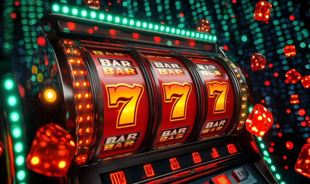 Close-up mesin slot dengan simbol berwarna cerah dan pencahayaan menarik